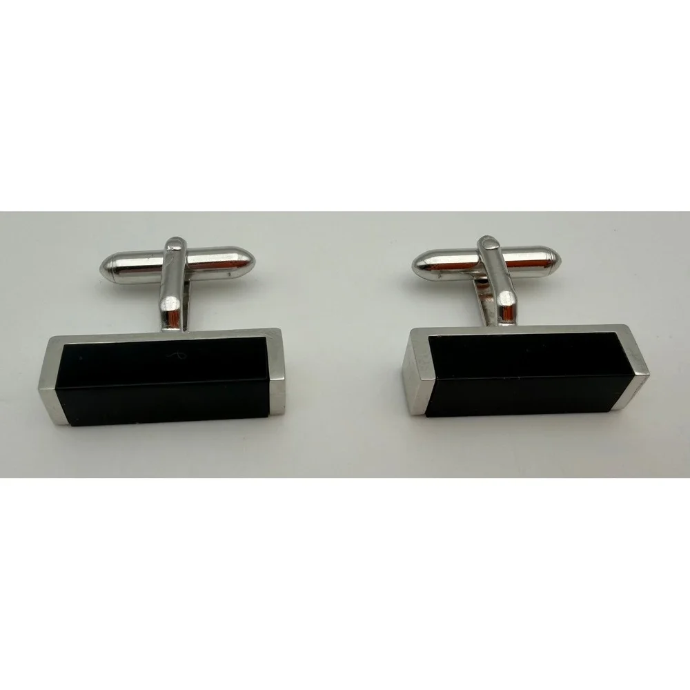 Vintage Swank Mens Silver Tone Black Onyx Rectangular Bar Cufflinks Mid Century